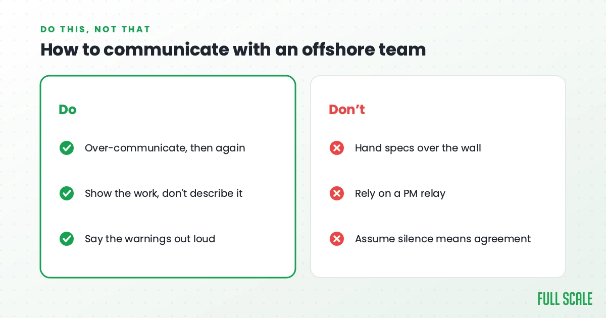 How to communicate with an offshore team: do over-communicate and then do it again, show the work rather than just describe it, and say the warnings out loud; don't hand specs over the wall, rely on a PM relay, or assume silence means agreement.