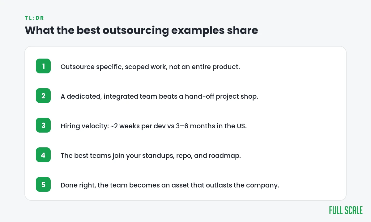 What the best outsourcing examples share: scoped work, a dedicated integrated team, and hiring velocity