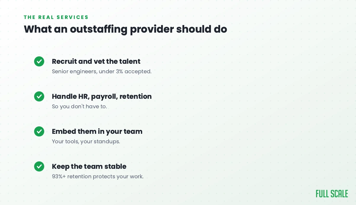 What an outstaffing provider should actually do: recruit and vet the talent, senior engineers with under 3% accepted; handle HR, payroll, and retention so you don't have to; embed them in your team with your tools and standups; and keep the team stable, since 93%+ retention protects your work.