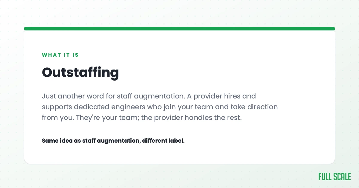 Outstaffing is just another word for staff augmentation. A provider hires and supports dedicated engineers who join your team and take direction from you. They're your team; the provider handles the rest. Same idea as staff augmentation, different label.