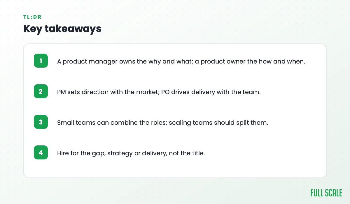 Key takeaways: the product manager owns the why and the what, the product owner owns the how and the when; most companies don't need both at first; hire for the gap that's slowing you down.