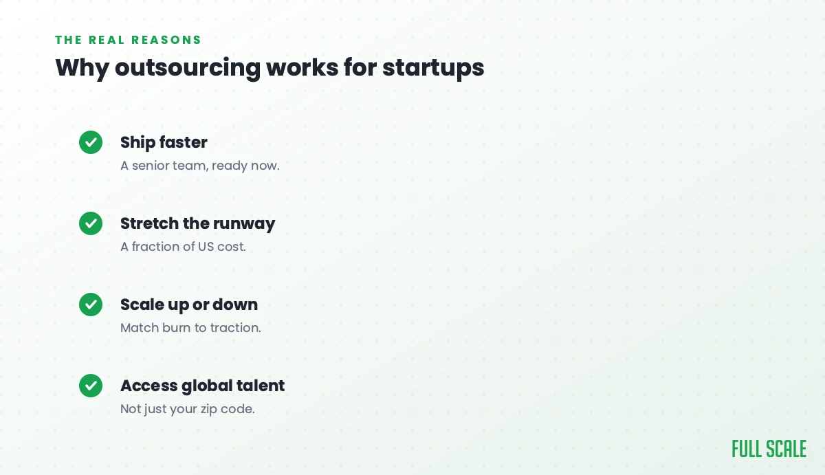 Why outsourcing works for startups: ship faster with a senior team that's ready now, stretch the runway at a fraction of US cost, scale up or down to match burn to traction, and access global talent, not just your zip code.