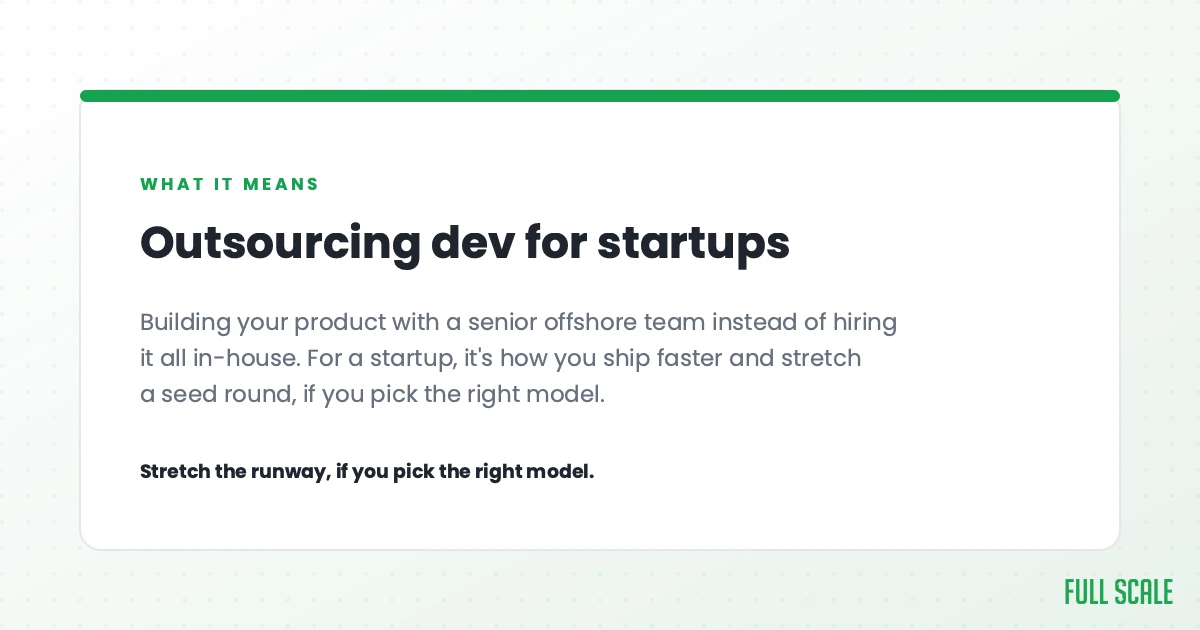 Outsourcing software development for startups means building your product with a senior offshore team instead of hiring it all in-house. For a startup, it's how you ship faster and stretch a seed round, if you pick the right model.