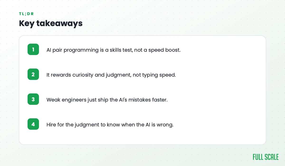 Key takeaways: AI pair programming is a skills test, not a speed boost; it rewards curiosity and judgment, not typing speed; weak engineers just ship the AI's mistakes faster; hire for the judgment to know when the AI is wrong.