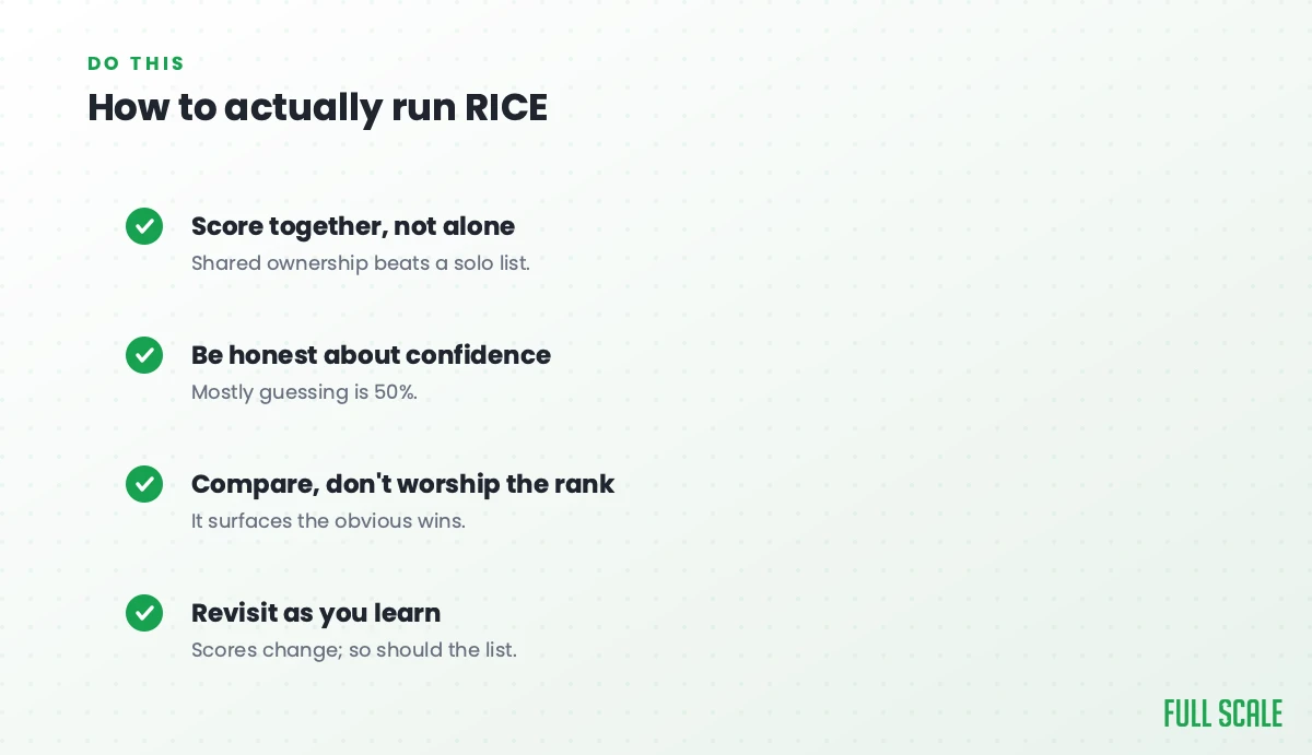 How to actually run RICE: score together, not alone, since shared ownership beats a solo list; be honest about confidence, where mostly guessing is 50%; compare rather than worship the rank, since it surfaces the obvious wins; and revisit as you learn, because scores change and so should the list.