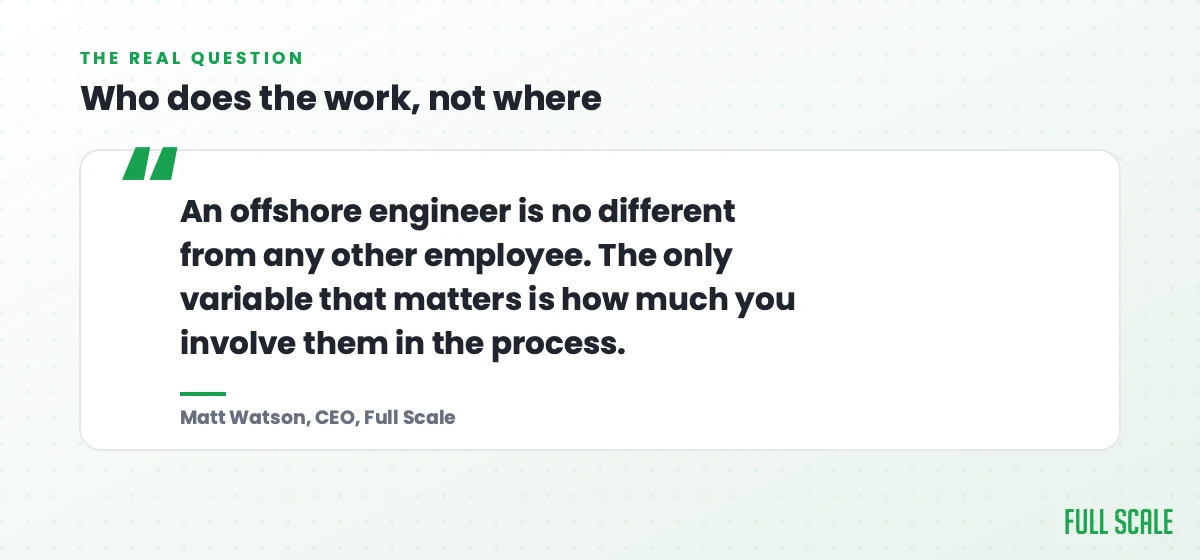 Pull quote from Matt Watson: an offshore engineer is no different from any other employee; the only variable that matters is how much you involve them in the process.