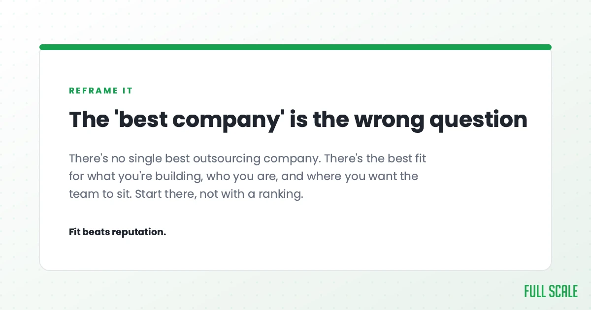 The 'best company' is the wrong question: there's no single best outsourcing company, only the best fit for what you're building, who you are, and where you want the team to sit. Fit beats reputation.