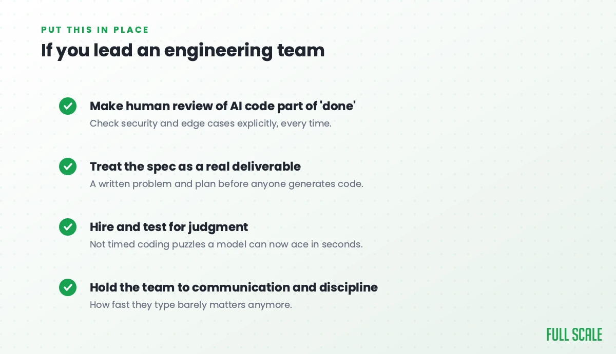 If you lead an engineering team: make human review of AI code part of done, treat the spec as a real deliverable, hire and test for judgment, and hold the team to communication and discipline.