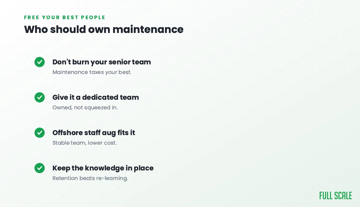 Who should own maintenance: don't burn your senior team, since maintenance taxes your best; give it a dedicated team, owned rather than squeezed in; offshore staff augmentation fits it with a stable team at lower cost; and keep the knowledge in place, since retention beats re-learning.