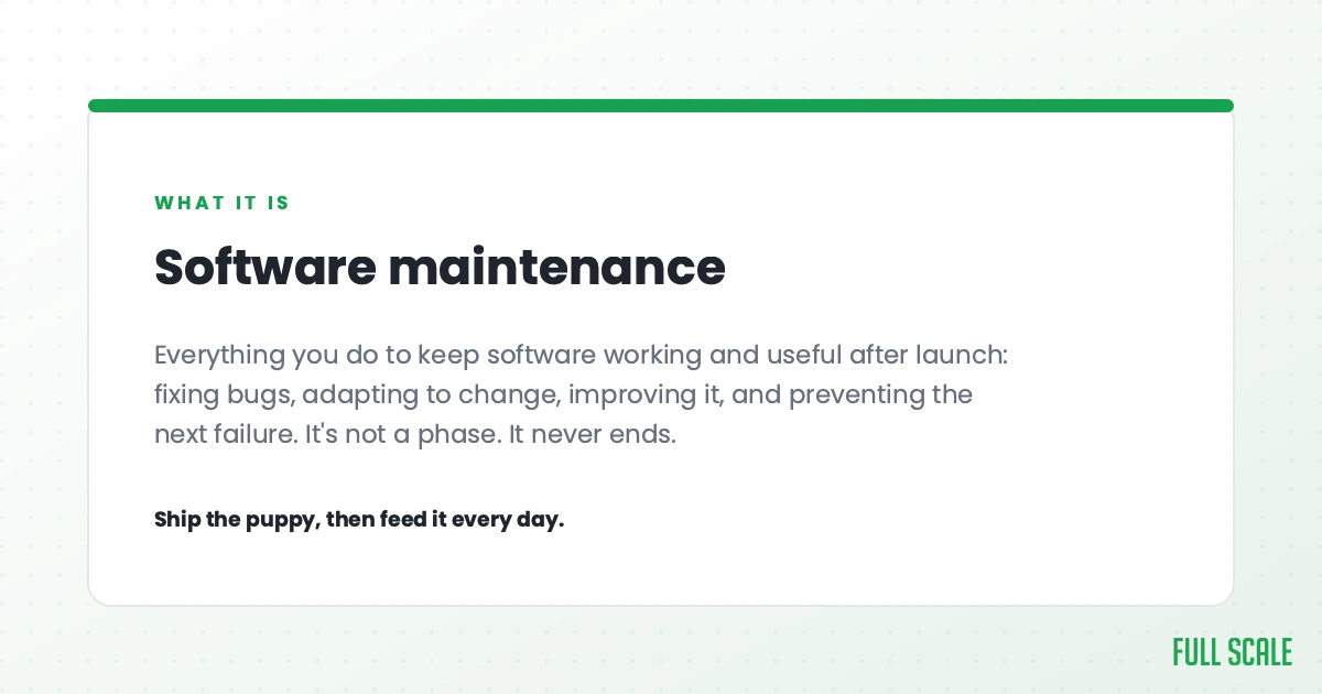 Software maintenance is everything you do to keep software working and useful after launch: fixing bugs, adapting to change, improving it, and preventing the next failure. It's not a phase, it never ends. Ship the puppy, then feed it every day.