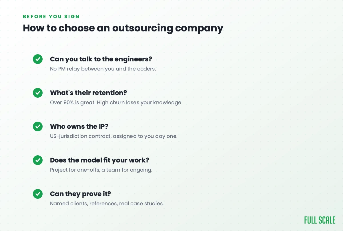 How to choose a software outsourcing company: can you talk to the engineers, what's their retention, who owns the IP, does the model fit your work, and can they prove it with named clients and references.