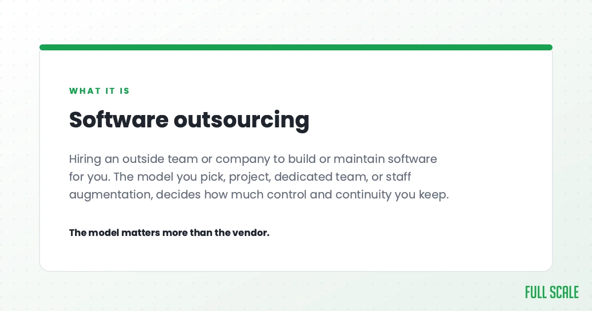 Software outsourcing means hiring an outside team or company to build or maintain software for you. The model you pick (project, dedicated team, or staff augmentation) decides how much control and continuity you keep.