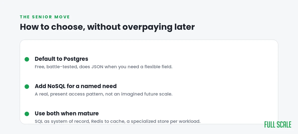 SQL by default, NoSQL for a named need, use both when mature
