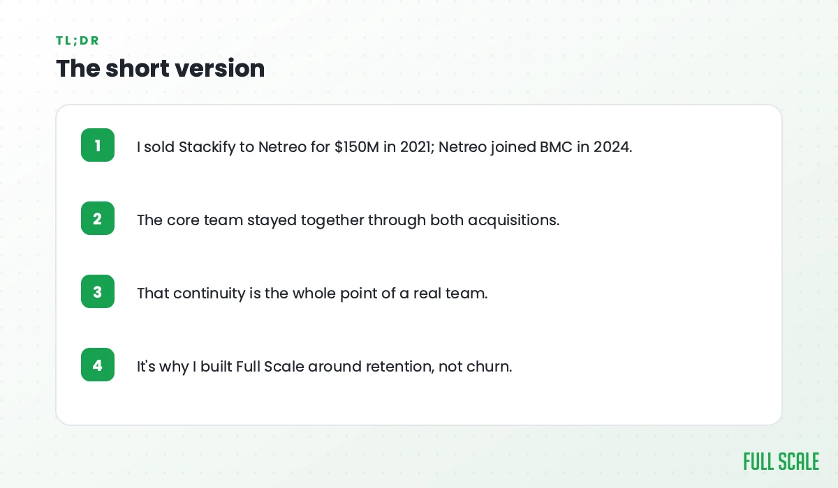The short version: I sold Stackify to Netreo for $150M in 2021, and Netreo joined BMC in 2024; the core team stayed together through both acquisitions; that continuity is the whole point of a real team; it's why I built Full Scale around retention, not churn.