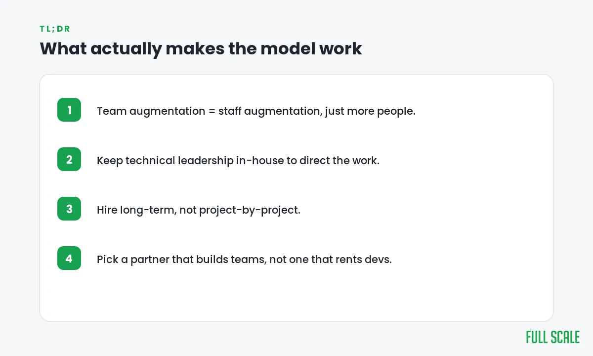 What makes team augmentation work: same model as staff augmentation, in-house technical leadership, long-term hiring, and a partner that builds teams
