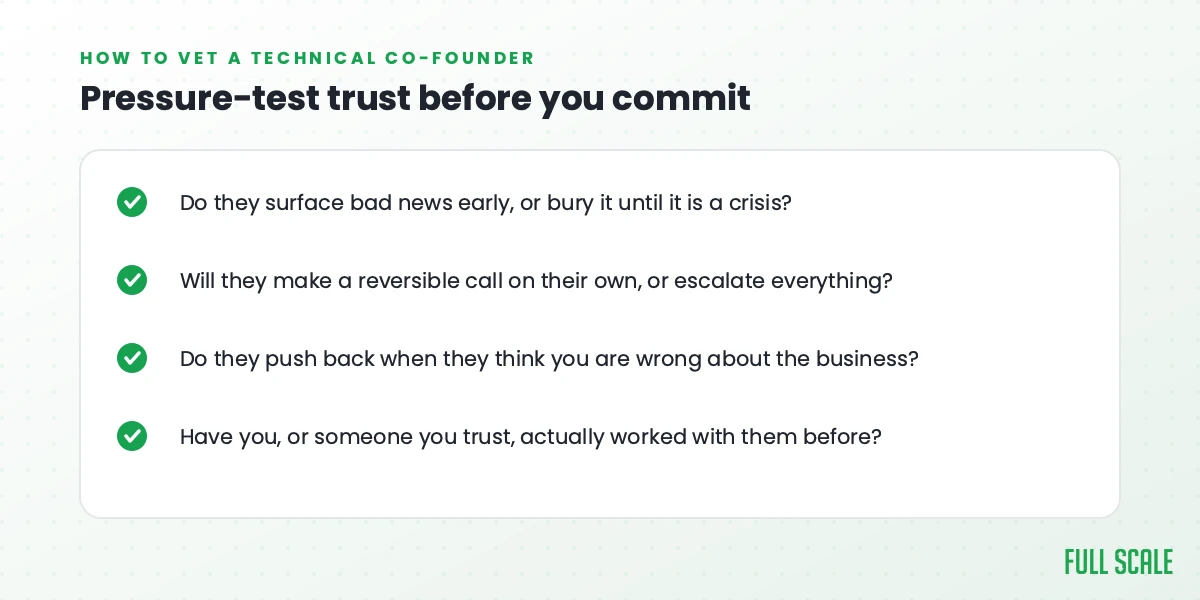 Checklist to pressure-test trust in a technical co-founder before committing equity