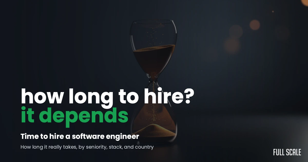 Hourglass on dark background with text: "how long to hire? it depends. Time to hire a software engineer. How long it really takes, by seniority, stack, and country.