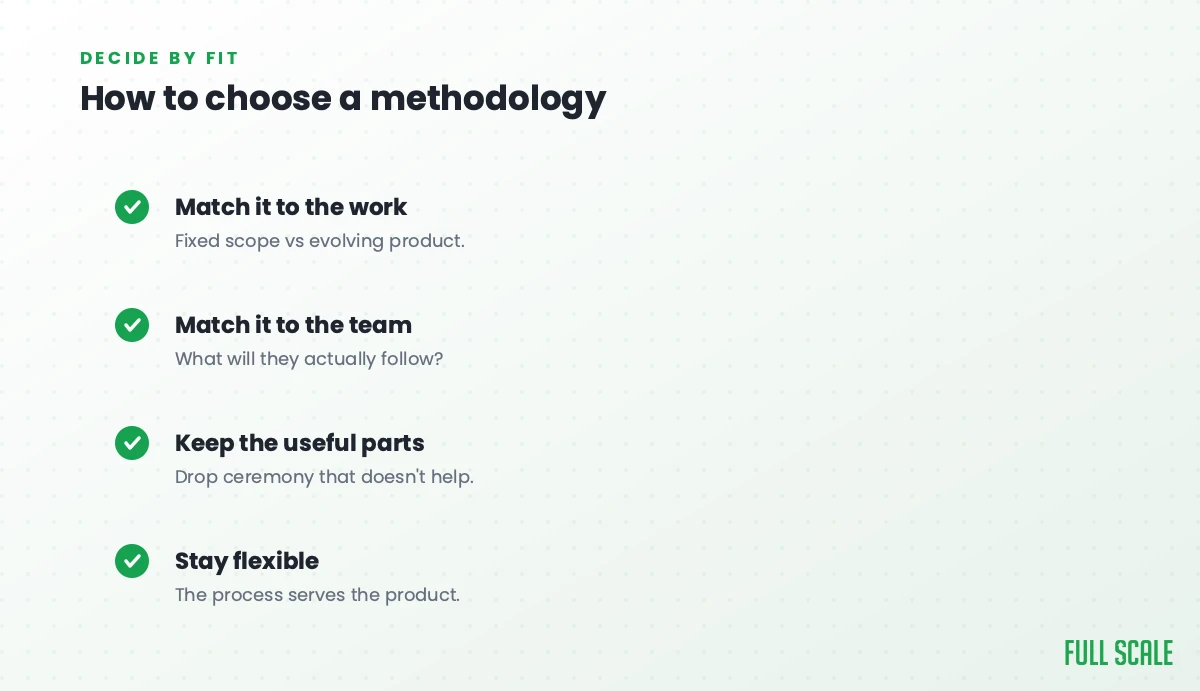 How to choose a methodology: match it to the work (fixed scope vs evolving product), match it to the team (what will they actually follow), keep the useful parts and drop ceremony that doesn't help, and stay flexible because the process serves the product.