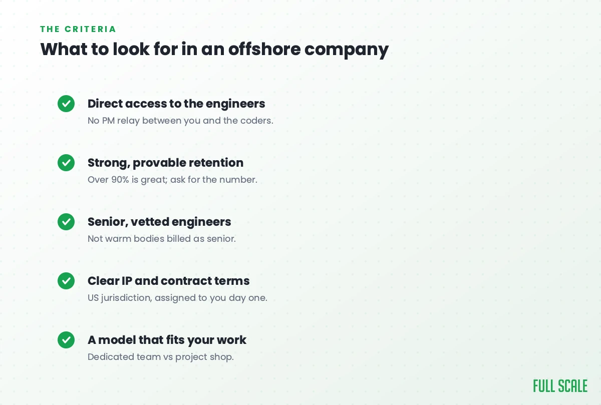 What to look for in an offshore software development company: direct access to the engineers, strong and provable retention, senior vetted engineers, clear IP and contract terms, and a model that fits your work.