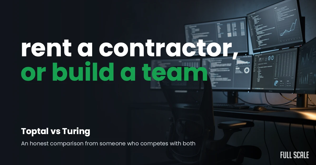 A modern office setup with multiple monitors displaying code and data, accompanied by the text "rent a contractor, or build a team" and comparison details for Toptal vs Turing.