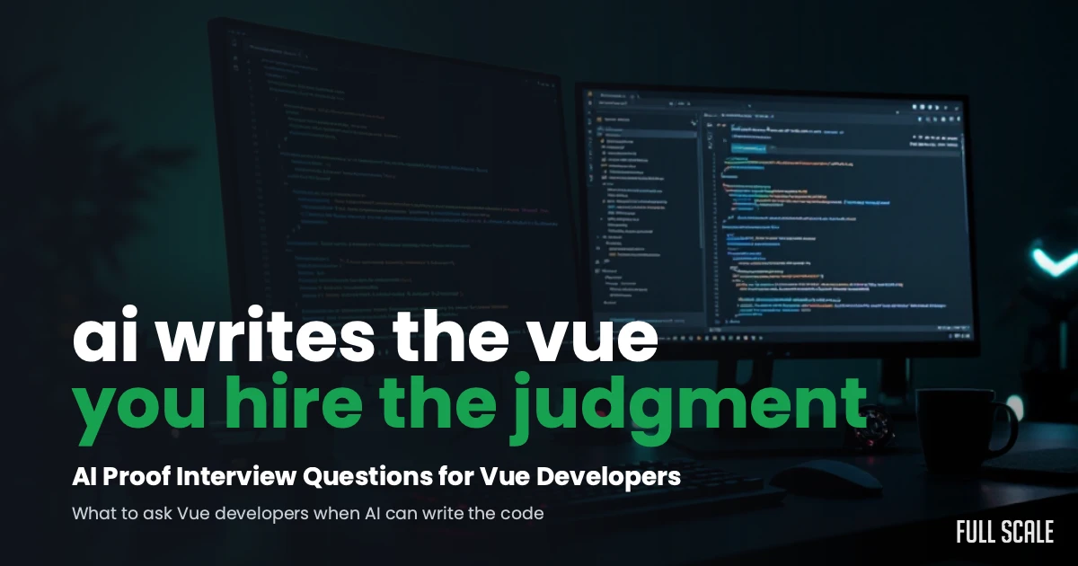 AI-proof interview questions for Vue developers, a developer's dark workspace