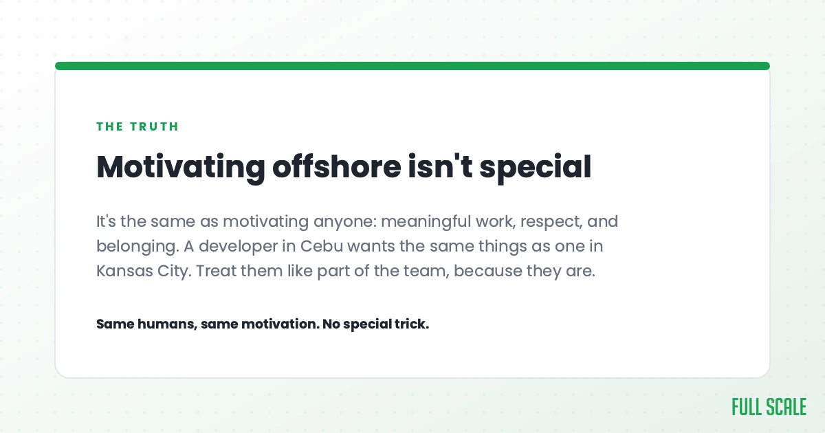 Motivating an offshore team isn't a special skill: it's the same as motivating anyone, with meaningful work, respect, and belonging. A developer in Cebu wants the same things as one in Kansas City. Treat them like part of the team, because they are.