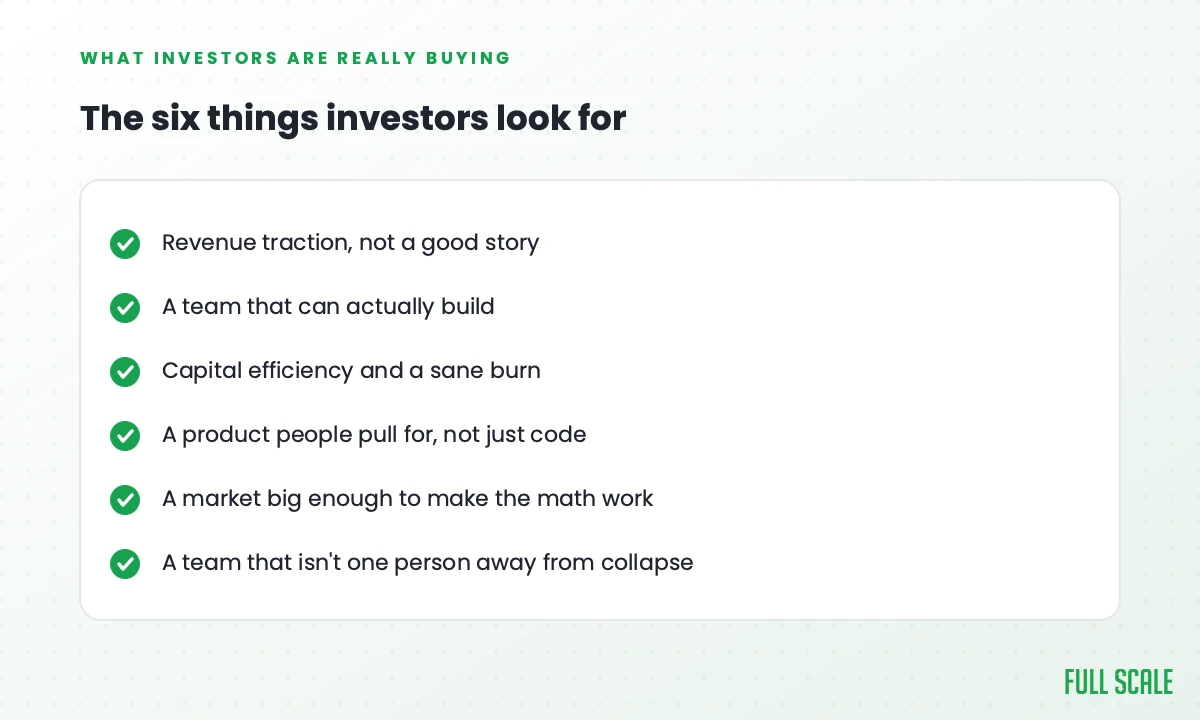 The six things investors look for in a startup: revenue traction, a team that can build, capital efficiency, a product people pull for, market size, and no key-person risk.