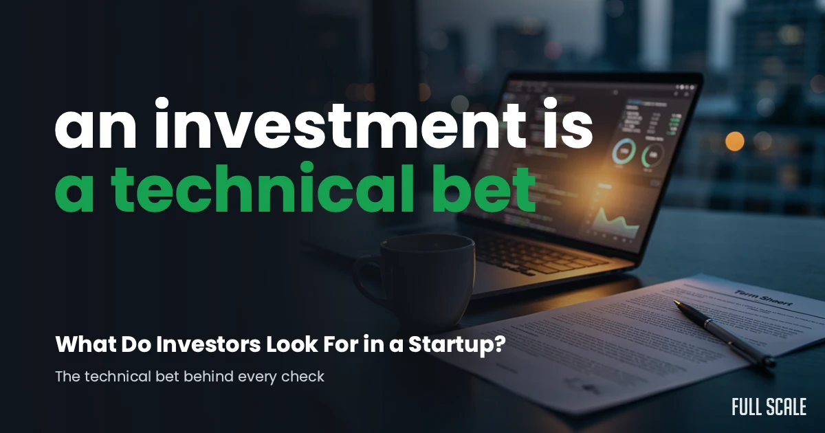 A laptop displaying graphs, a cup of coffee, and documents on a desk with overlay text: "an investment is a technical bet. What Do Investors Look For in a Startup?.