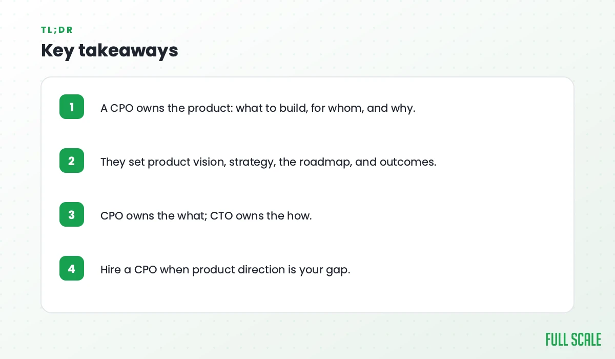 Key takeaways: a CPO owns the product (what to build, for whom, and why), sets vision, strategy, roadmap, and outcomes, owns the what while the CTO owns the how, and is worth hiring when product direction is the real gap.