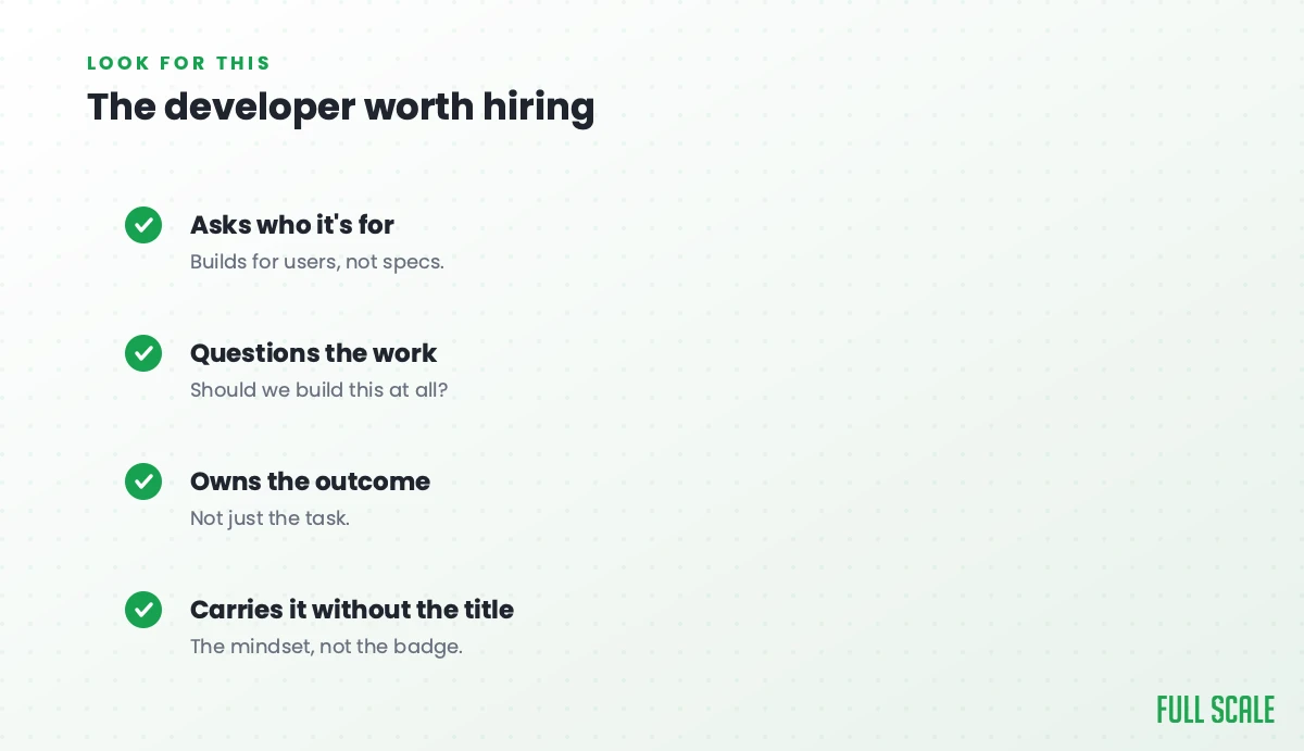 The developer worth hiring: asks who it's for and builds for users, not specs; questions the work, asking should we build this at all; owns the outcome, not just the task; and carries it without the title, the mindset, not the badge.