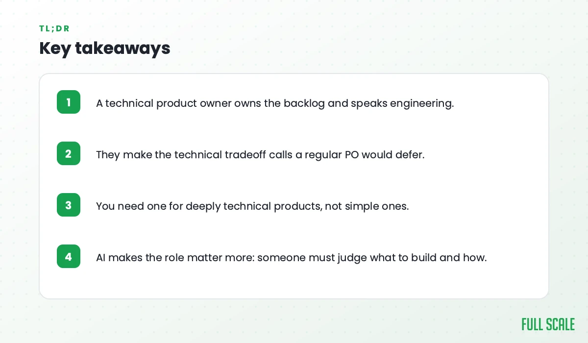 Key takeaways: a technical product owner owns the backlog and speaks engineering; they make the technical tradeoff calls a regular PO would defer; you need one for deeply technical products, not simple ones; AI makes the role matter more, since someone must judge what to build and how.