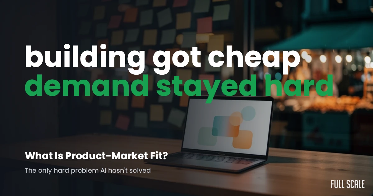Dark hero graphic with a laptop and a wall of customer feedback sticky notes, captioned building got cheap, demand stayed hard, for an article on product-market fit