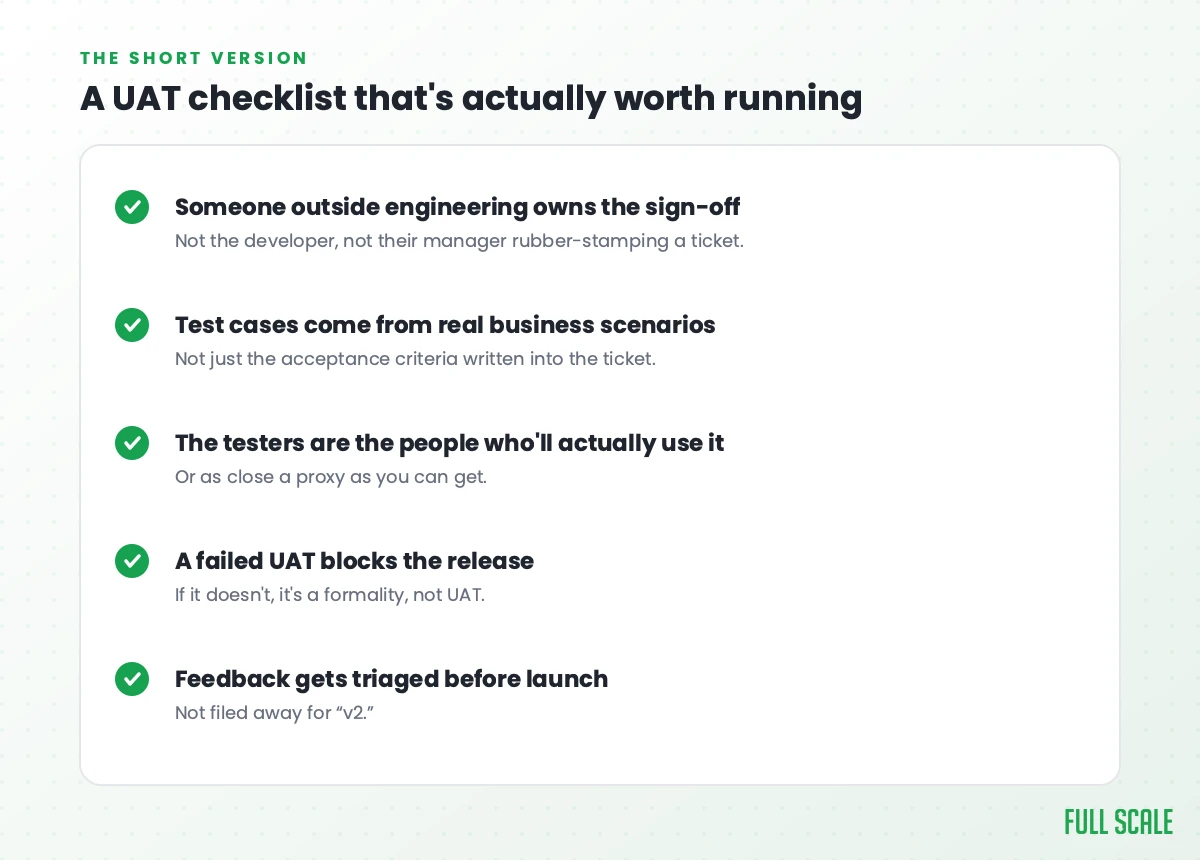 A five-item checklist for running real user acceptance testing