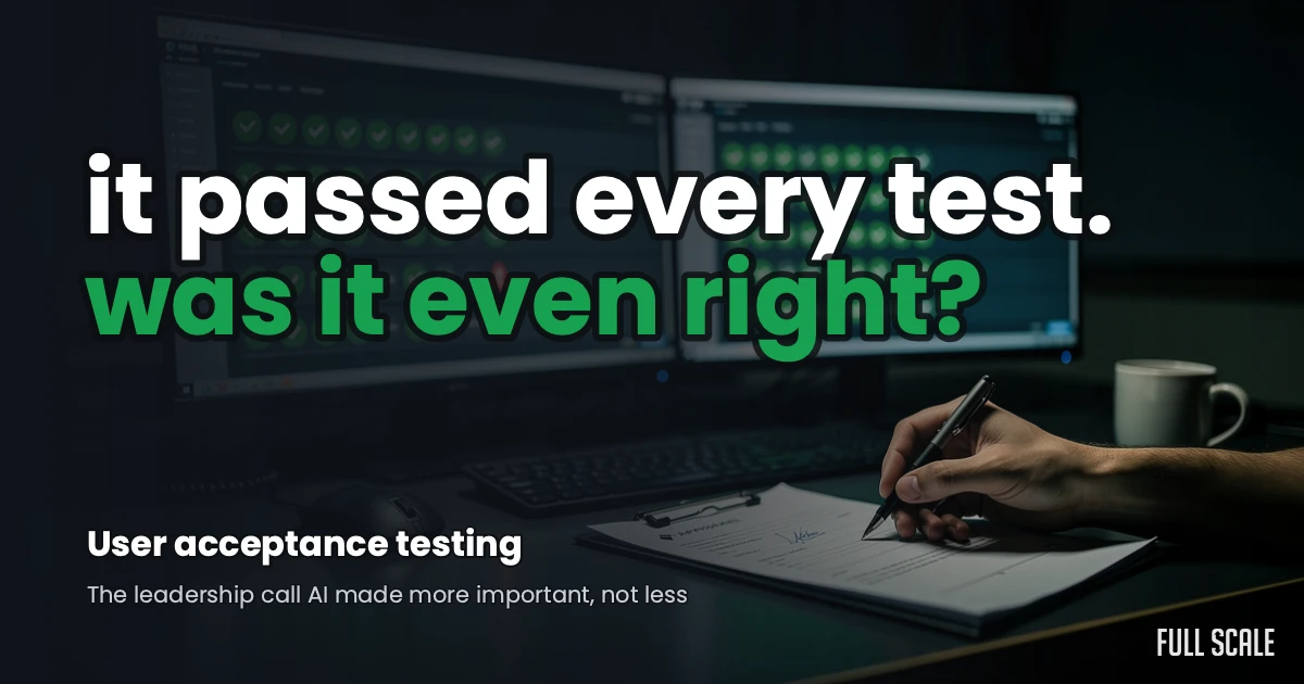 A QA engineer's desk at night with a dashboard of passing tests and one hand signing an approval clipboard, illustrating user acceptance testing as a leadership sign-off