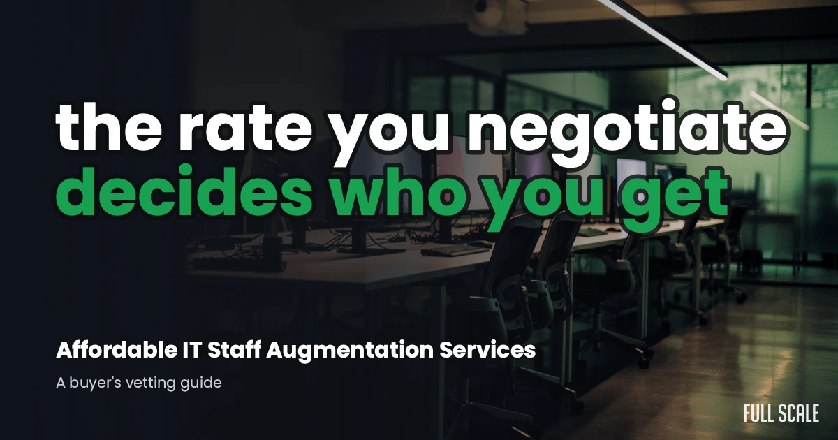Office with empty desks and computers; overlaid text reads, "the rate you negotiate decides who you get," promoting IT staff augmentation services.
