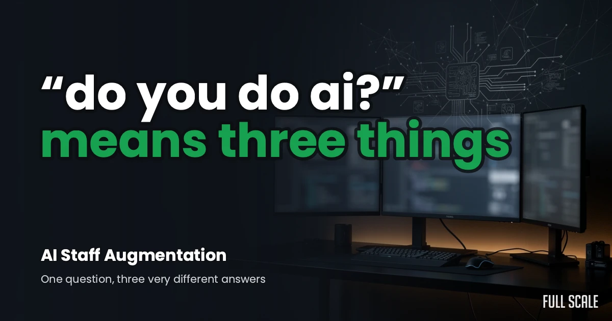 Text on image says: “do you do ai?” means three things. Below, caption: AI Staff Augmentation. One question, three very different answers. Background shows a dark office with computers and circuit design.