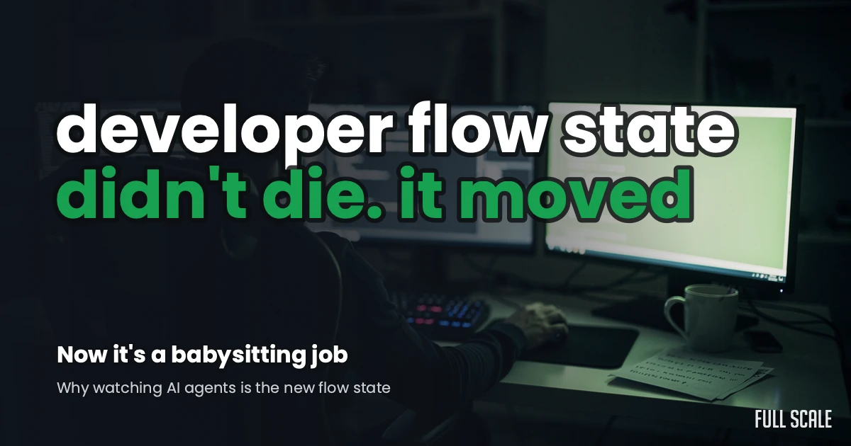 Developer flow state hero: a developer watching AI agent terminals glow in a dark home office at night