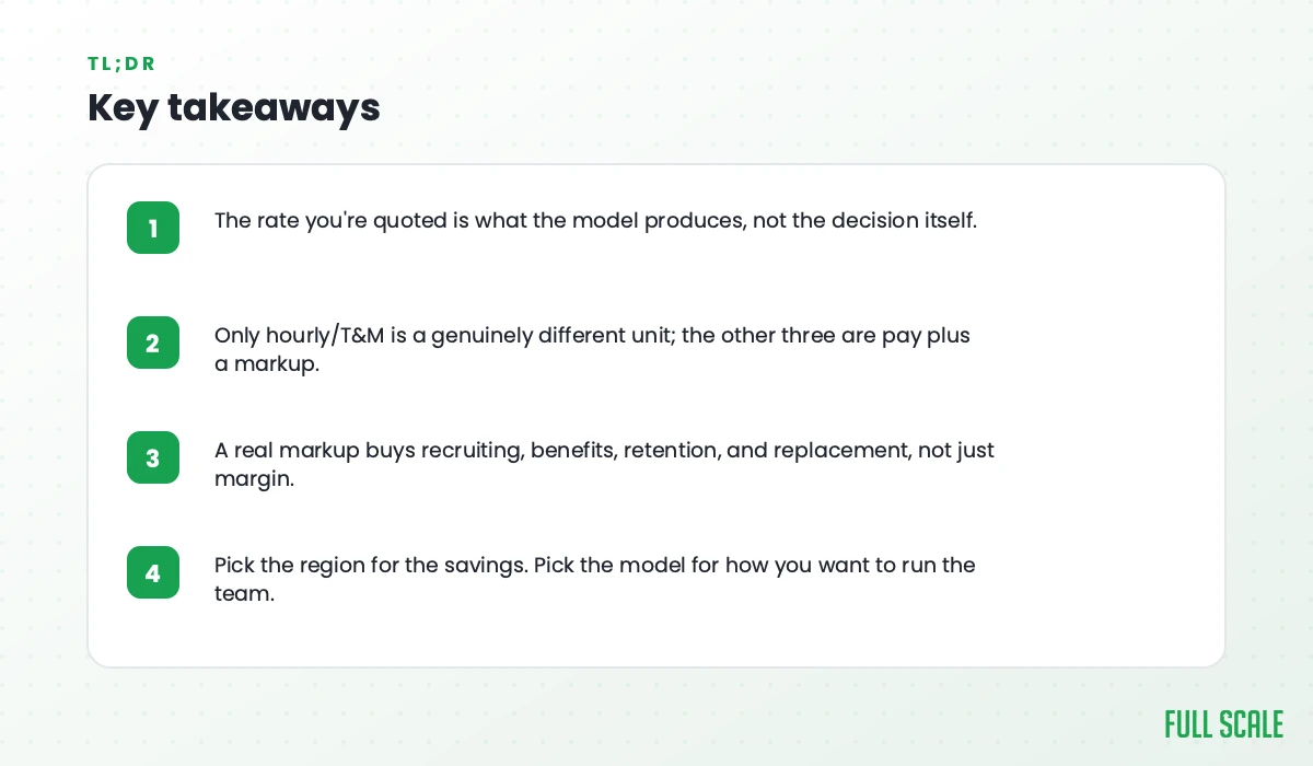 Key takeaways: the rate is what a pricing model produces, only hourly is a different unit, a real markup buys retention and benefits, pick region for savings and model for fit