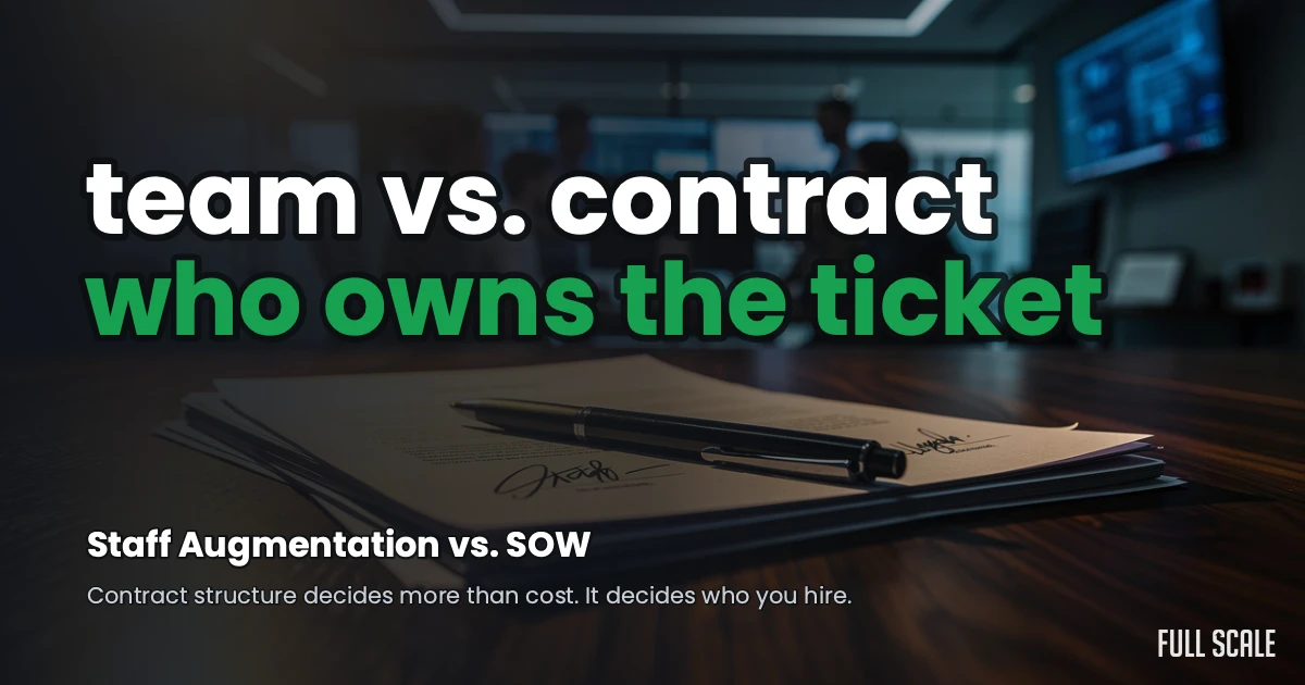 Team vs. Contract: Staff Augmentation vs. SOW hero image showing a signed contract next to a blurred engineering team