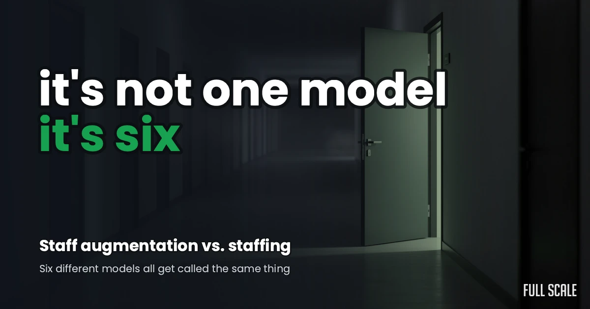 A hallway of closed office doors with one door open and lit green, representing staff augmentation vs staffing as six different models hiding under one word