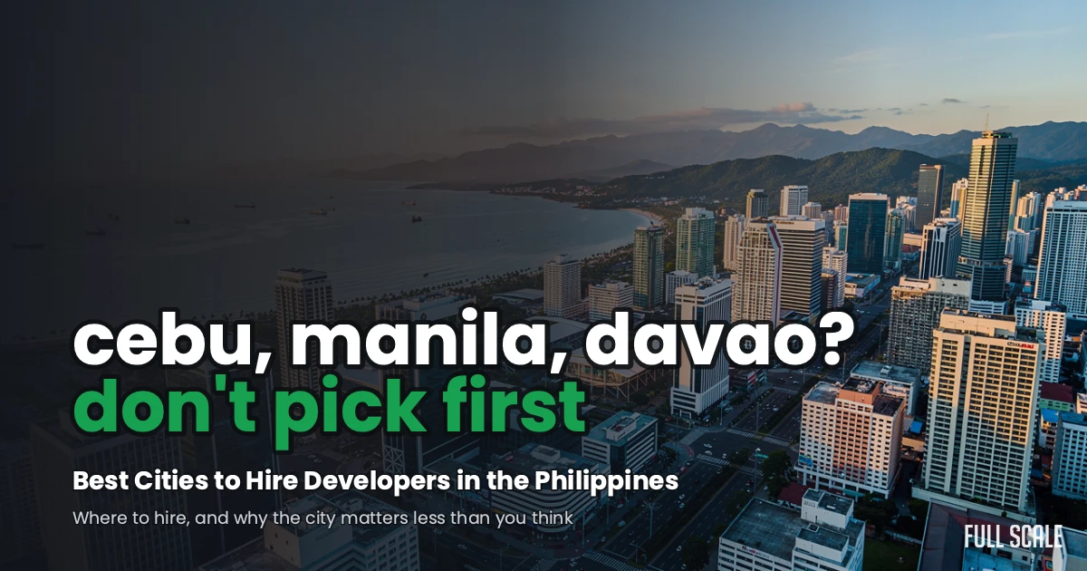 Aerial view of a city skyline at sunset with text about hiring developers in Cebu, Manila, or Davao in the Philippines, suggesting not to choose based on city.