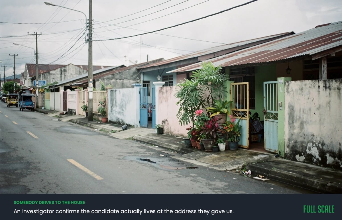 A residential street in the Philippines, illustrating the in-person address check where an investigator confirms a candidate lives where they said