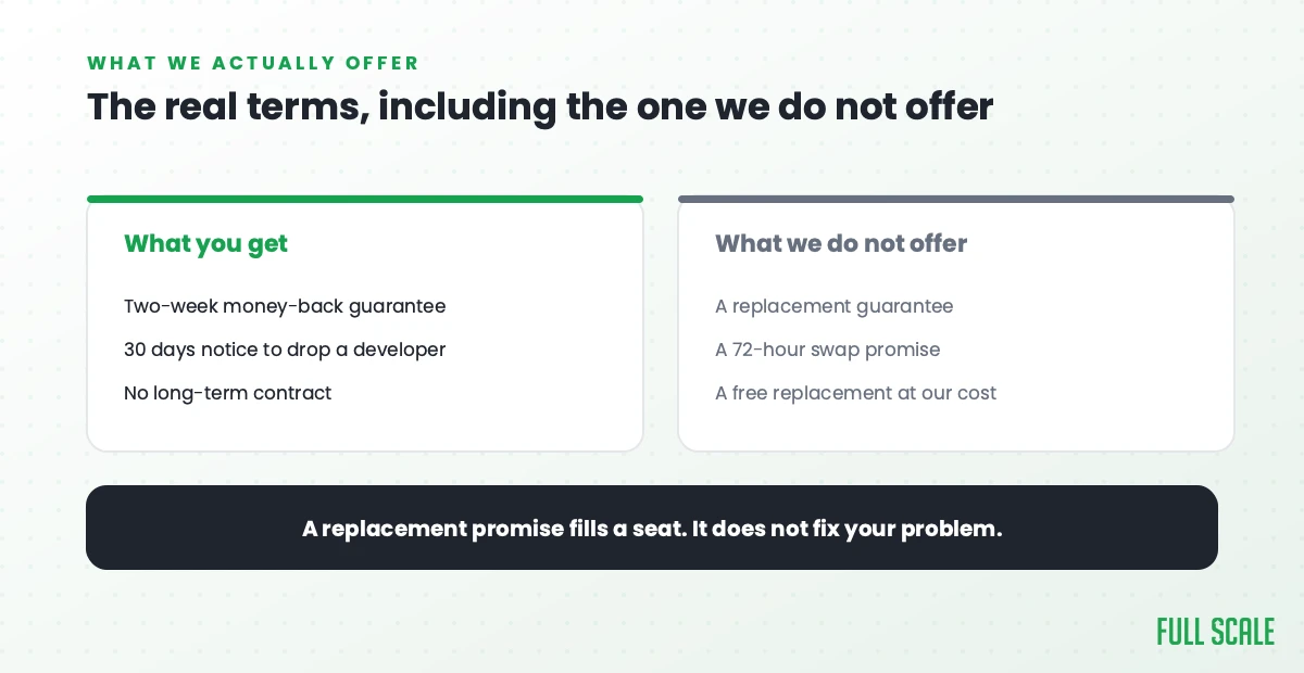 What Full Scale offers when an engagement is not working: a two-week money-back guarantee, 30 days notice, and no long-term contract, but no replacement guarantee